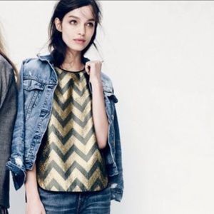 J CREW Gilded Chevron Gold Metallic Navy Blouse